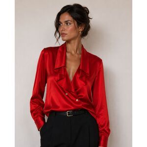 Vintage Randy Kemper 100% Silk Red Wrap Blouse Women's 6 Satin Drape Top